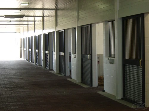 Modern barn aisle with sage green and white stall fronts in perspective