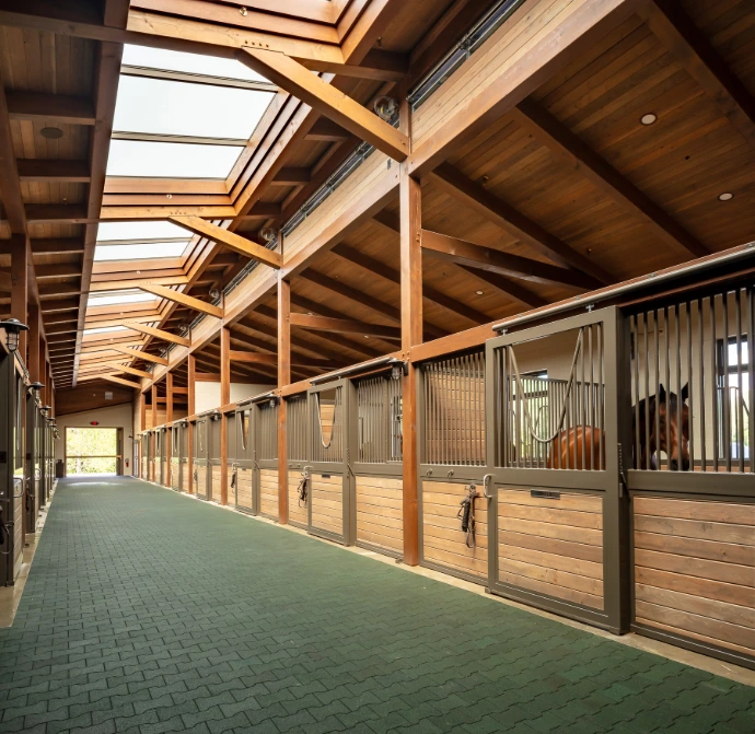 Long perspective barn aisle with natural wood stall fronts and black vertical bar upper grills