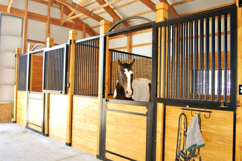 Timber-frame barn with black metal stall fronts, natural pine lower panels and open stall interior visible