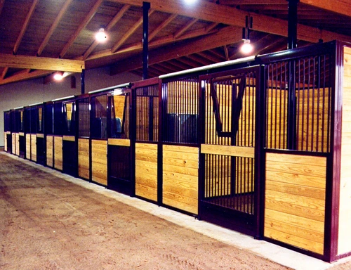 Navy blue and natural pine stall fronts with black vertical bar upper grills in timber-frame barn