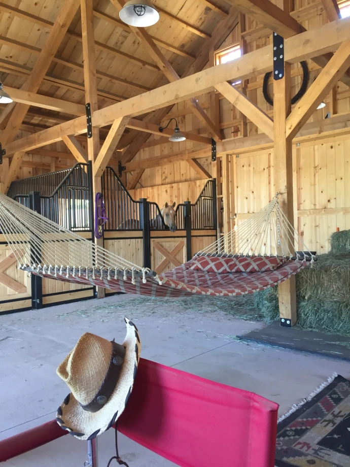 Black metal stall fronts with natural pine lower panels and decorative rope hammock in timber-frame barn