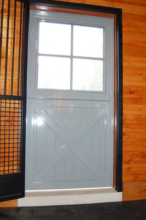 White door with black frame and mesh panel