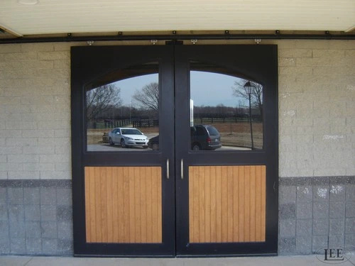 Black metal framed double doors with upper glass panels on beige stucco exterior