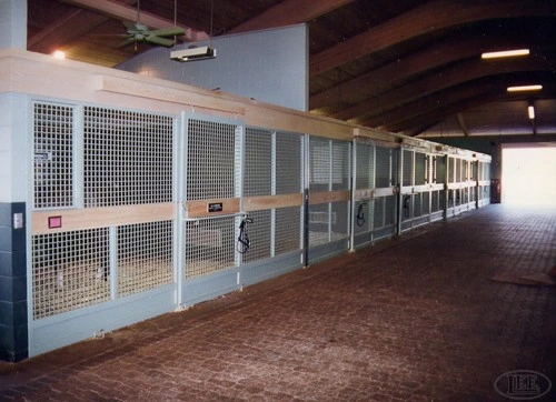 Long perspective view of barn aisle with light wood trim and wire mesh stall panels