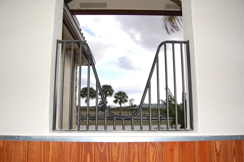 Arched window opening with curved metal bar design framing view of palm trees and sky