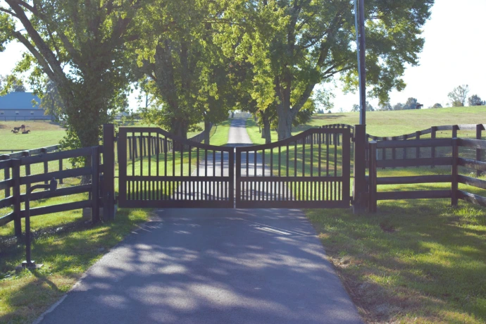 Dark painted vertical picket gate under mature tree canopy on paved driveway