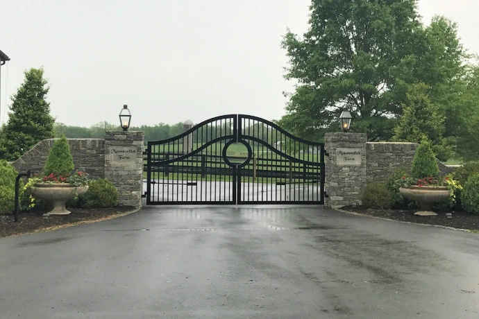 Black ornamental gate with arched top and circular decorative center between stone pillars on wet pavement
