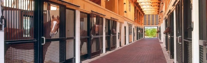 Warm-lit barn aisle with natural wood stall fronts, black vertical bar upper grills and multiple horses and handlers visible