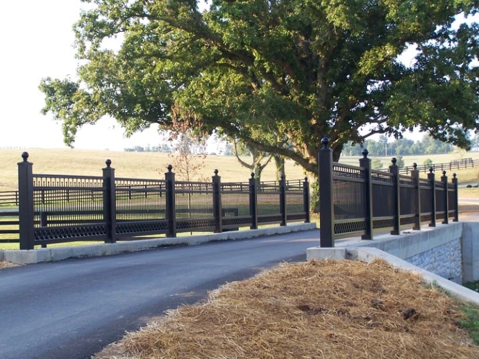 Black metal vertical picket fence with decorative post caps along paved road with mature tree