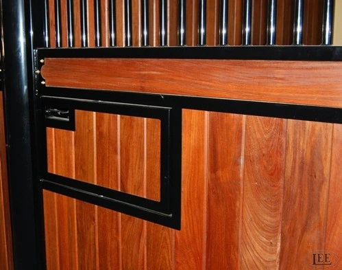 Close-up of mahogany wood cabinet or tack box with black metal frame showing white ceramic bowl inside