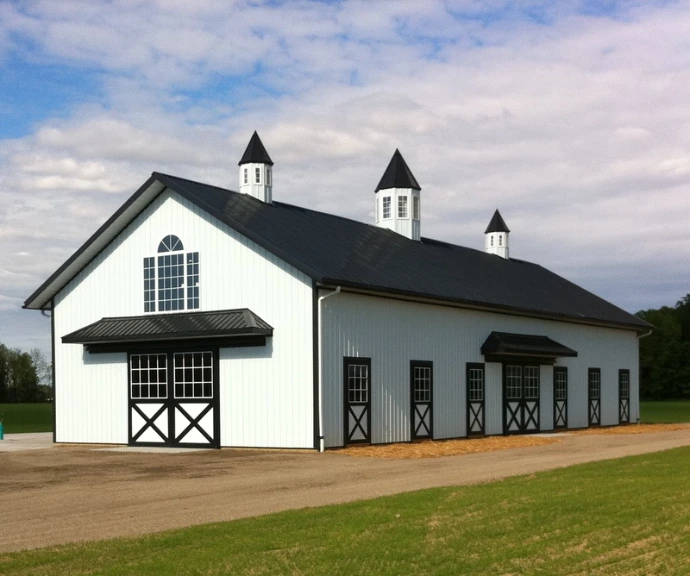 White barn with dark roof, cupola and three X-pattern stall doors centered on front