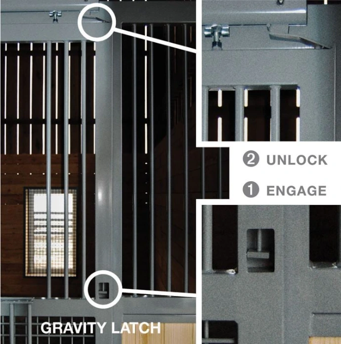 GRAVITY LATCH: Natural wood vertical bar stall door with gravity latch system and instruction labels showing unlock and engage positions