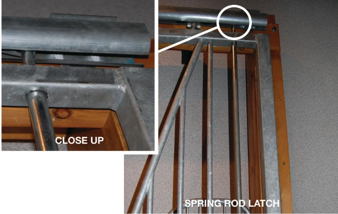 SPRING ROD LATCH: Orange powder-coated stall door with spring rod latch mechanism and close-up detail inset showing latch operation