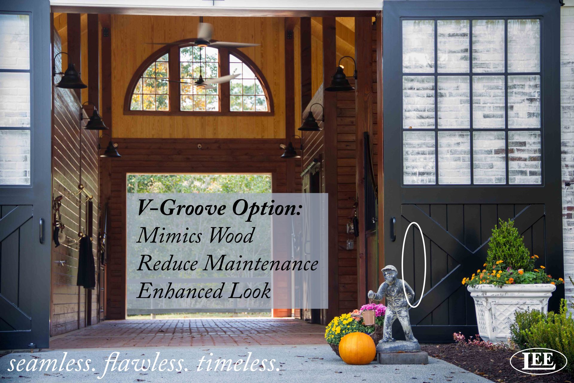 V-Groove Panel Upgrade options over an image of a sliding double-door for a barn.
