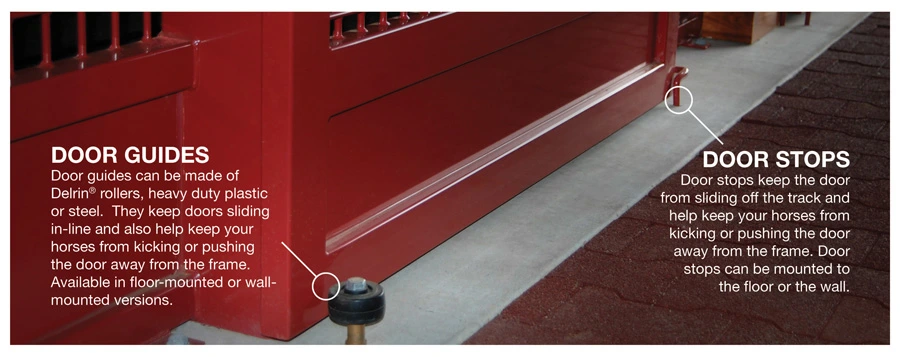 Door Guides and Door Stops: Close-up of red powder-coated sliding door bottom edge showing floor-mounted door guide roller and door stop hardware with labeled callouts on concrete floor