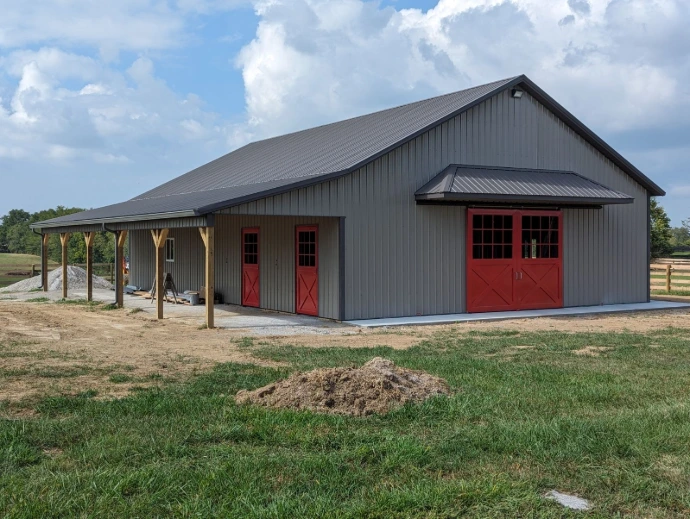 Red Barn Doors with Grey Metal Siding