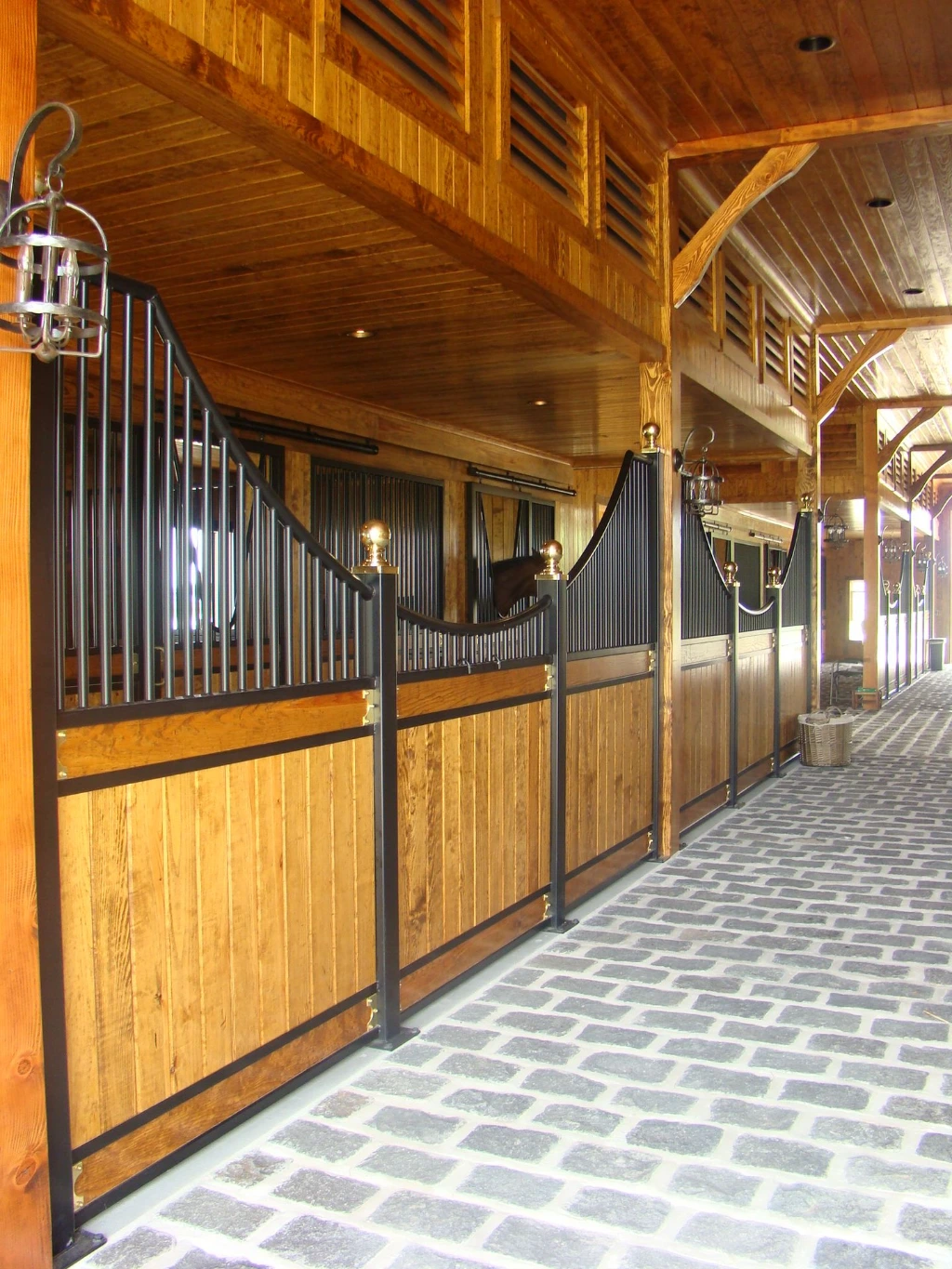 Magnolia Low Stall Front with Brass Finials and Euro Accent Center & Bottom Rails