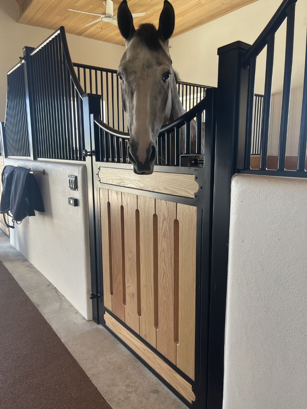 Custom Stall Door Mounted to Concrete Wall with Vinted Vertical Wood