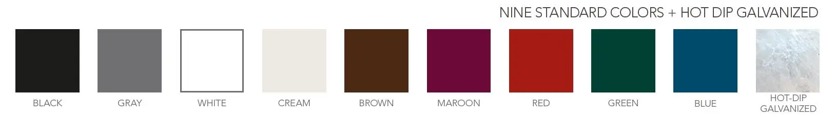 The nine standard colors, plus hot dip galvanized, that Lucas Equine Equipment offers